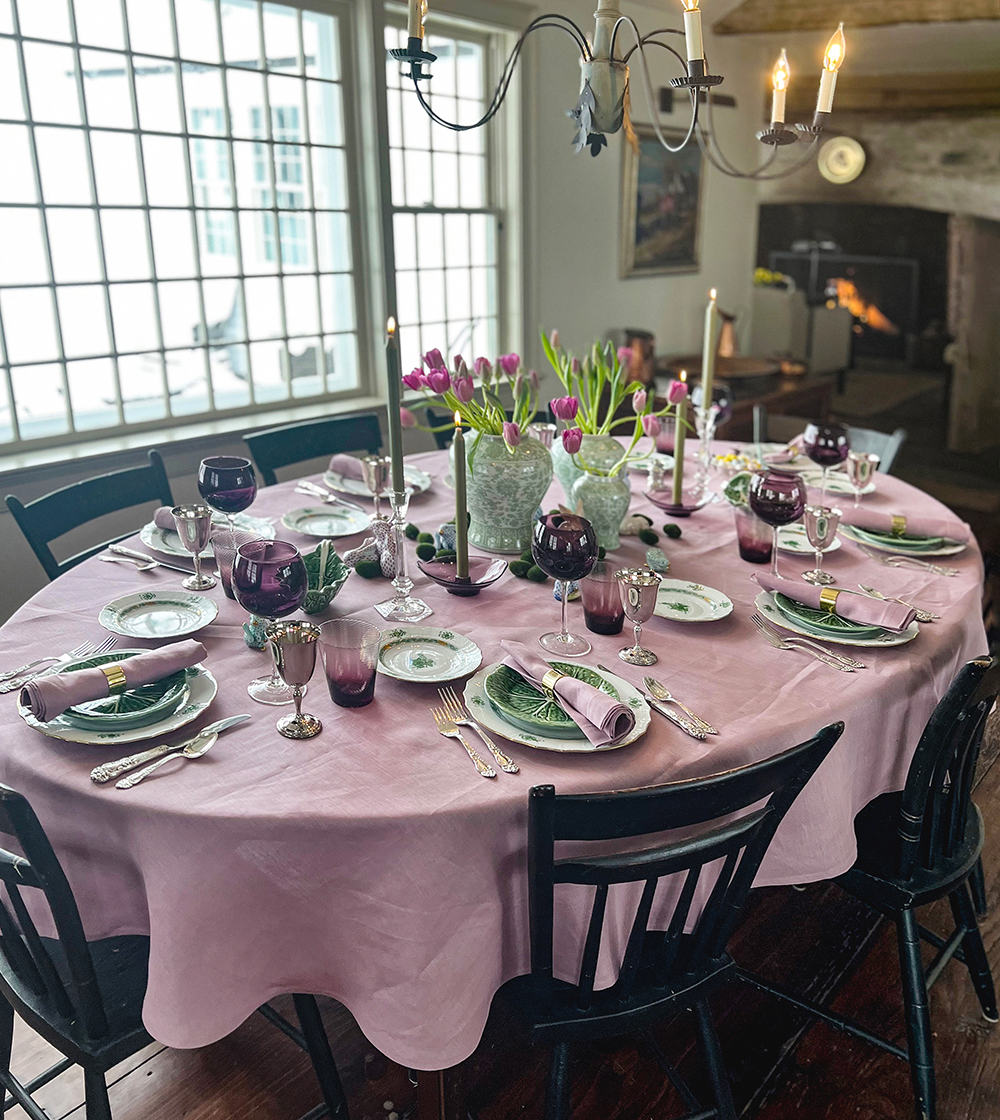 Lilac oval linen tablecloth easter spring tablesetting