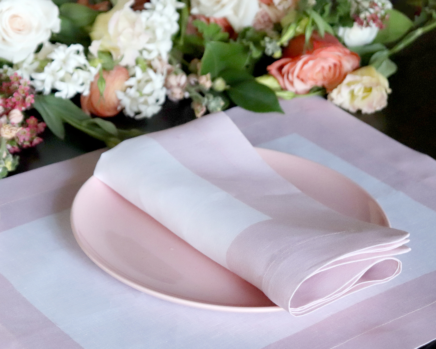 White linen napkin with pink border Spring table linens