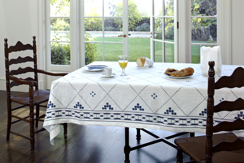 Blue and white linen tablecloth