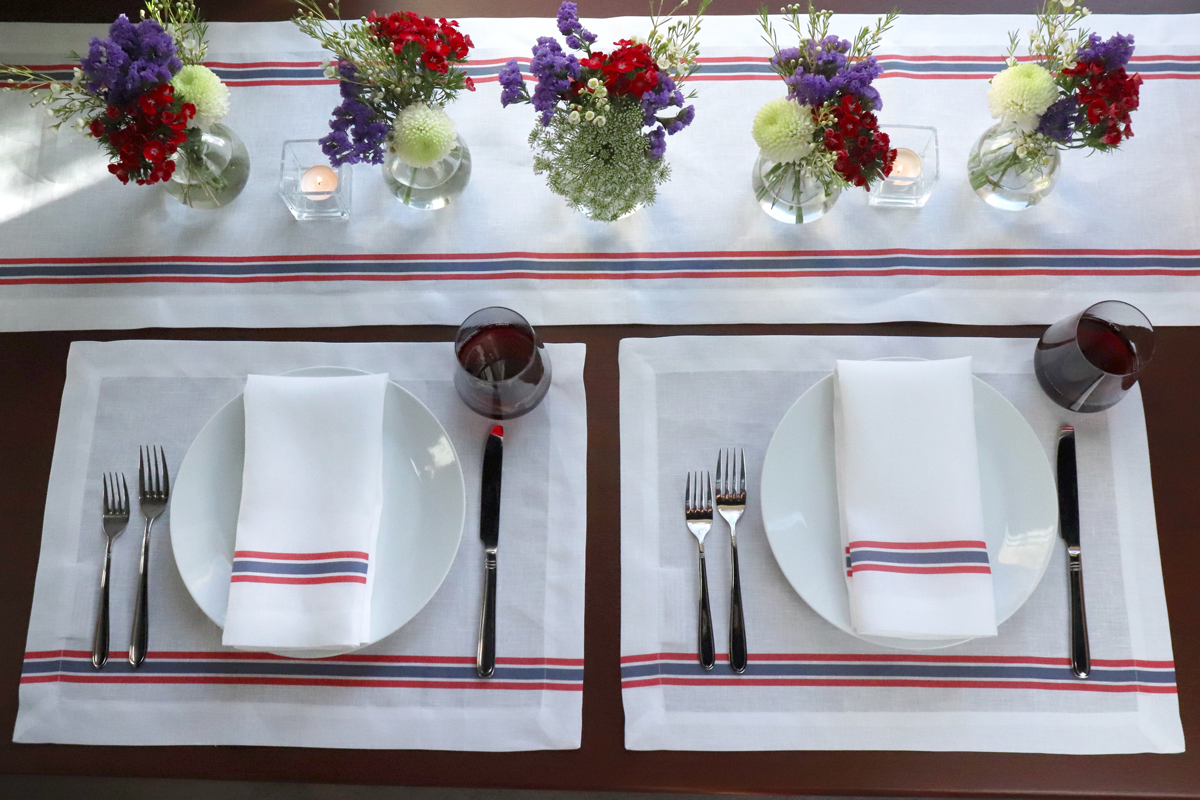 Red white and blue napkin ticking stripe linen
