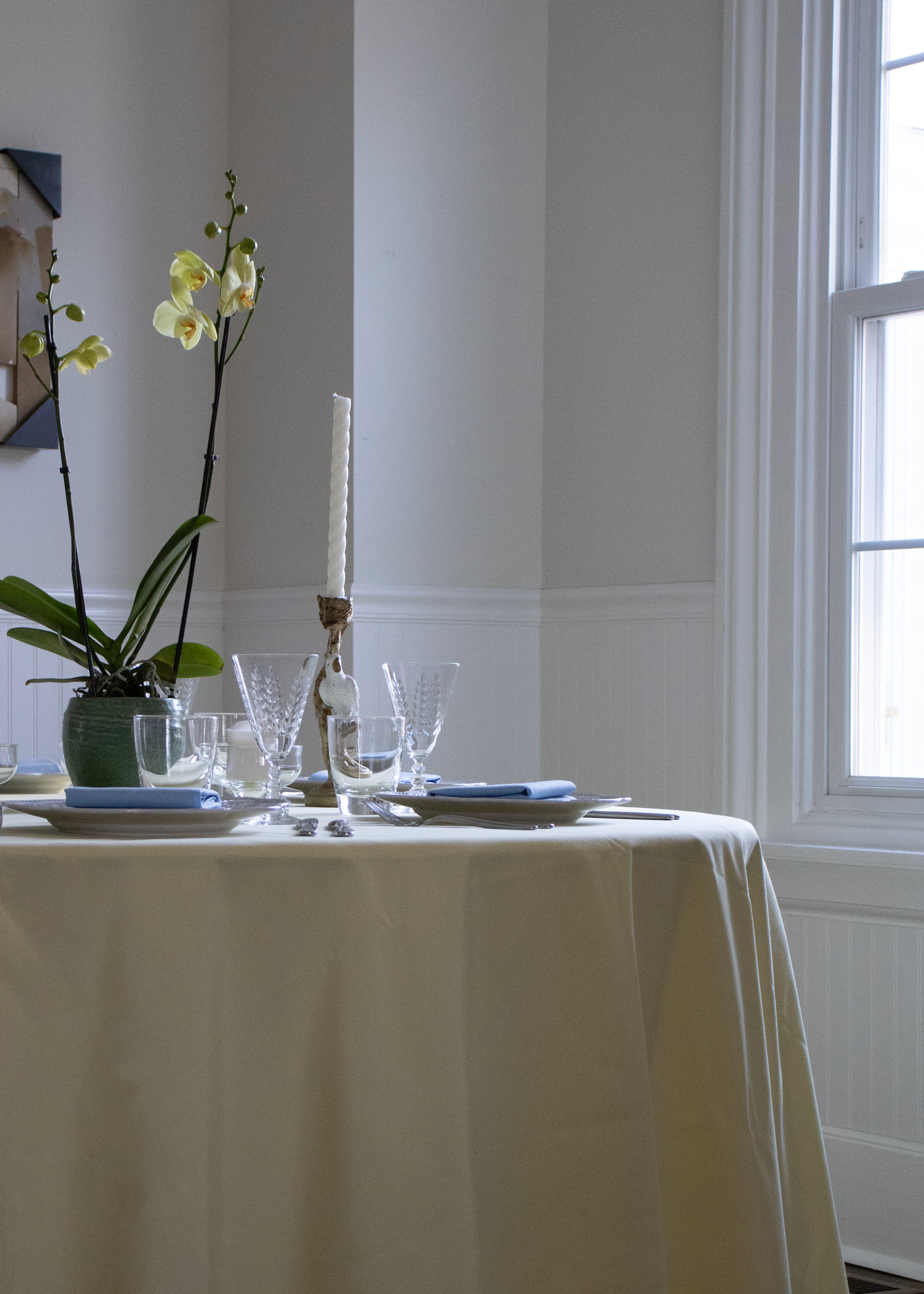 Gold Spun Polyester Tablecloth & Baby Blue Spun Polyester Napkins