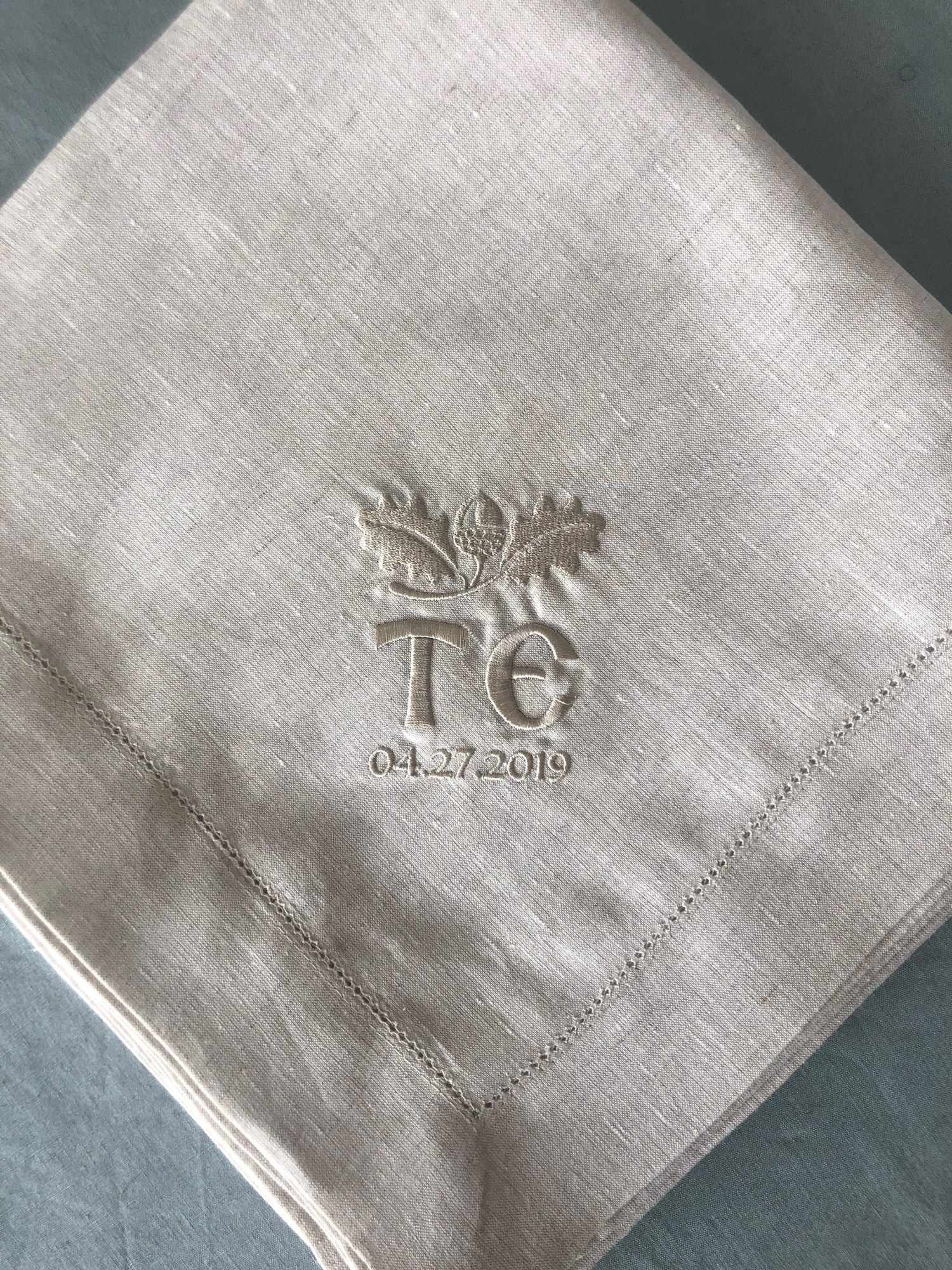 Hemstitched natural linen tablecloth with monogram